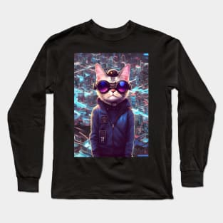 Cool Japanese Techno Cat In Future World Japan Neon City Long Sleeve T-Shirt